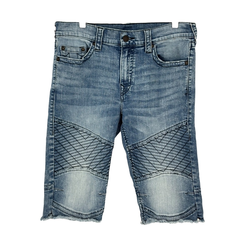 True Religion Geno Moto Shorts Blue Chevron Stitch Relaxed Slim 36